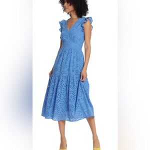 Elegant Blue Eyelet Midi Dress Maggy London
